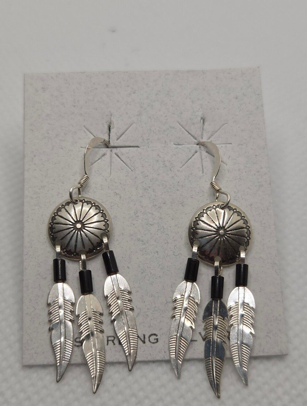 Silver Boho Concho Feather Dangle Earrings - Black Onyx Accents